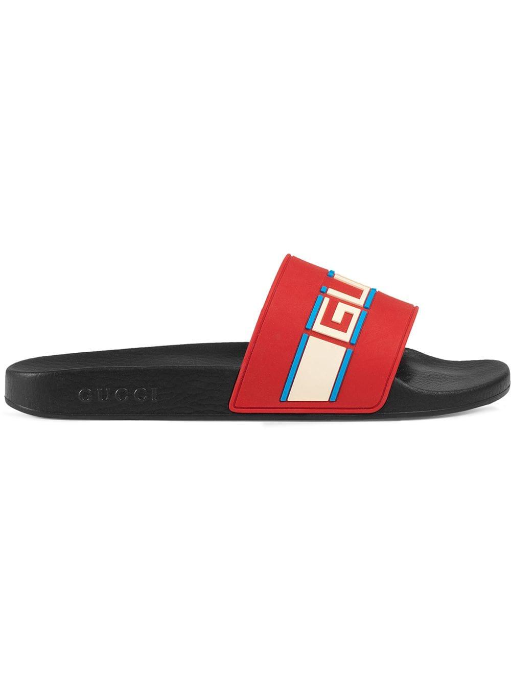 送関込【GUCCI】Pursuittreck ストライプ ラバー スライド gucci-Red-Stripe-Rubber-Slide-