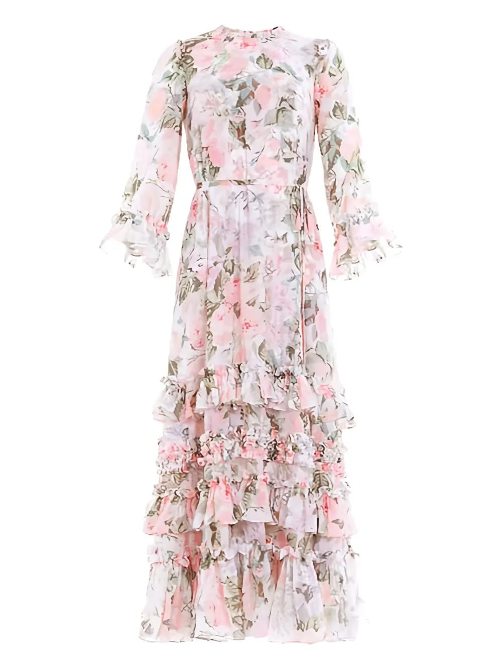 printed ruffle midi dress Blush Mixed Print Ruffle Neck Tiered Midi Dress – SSYS