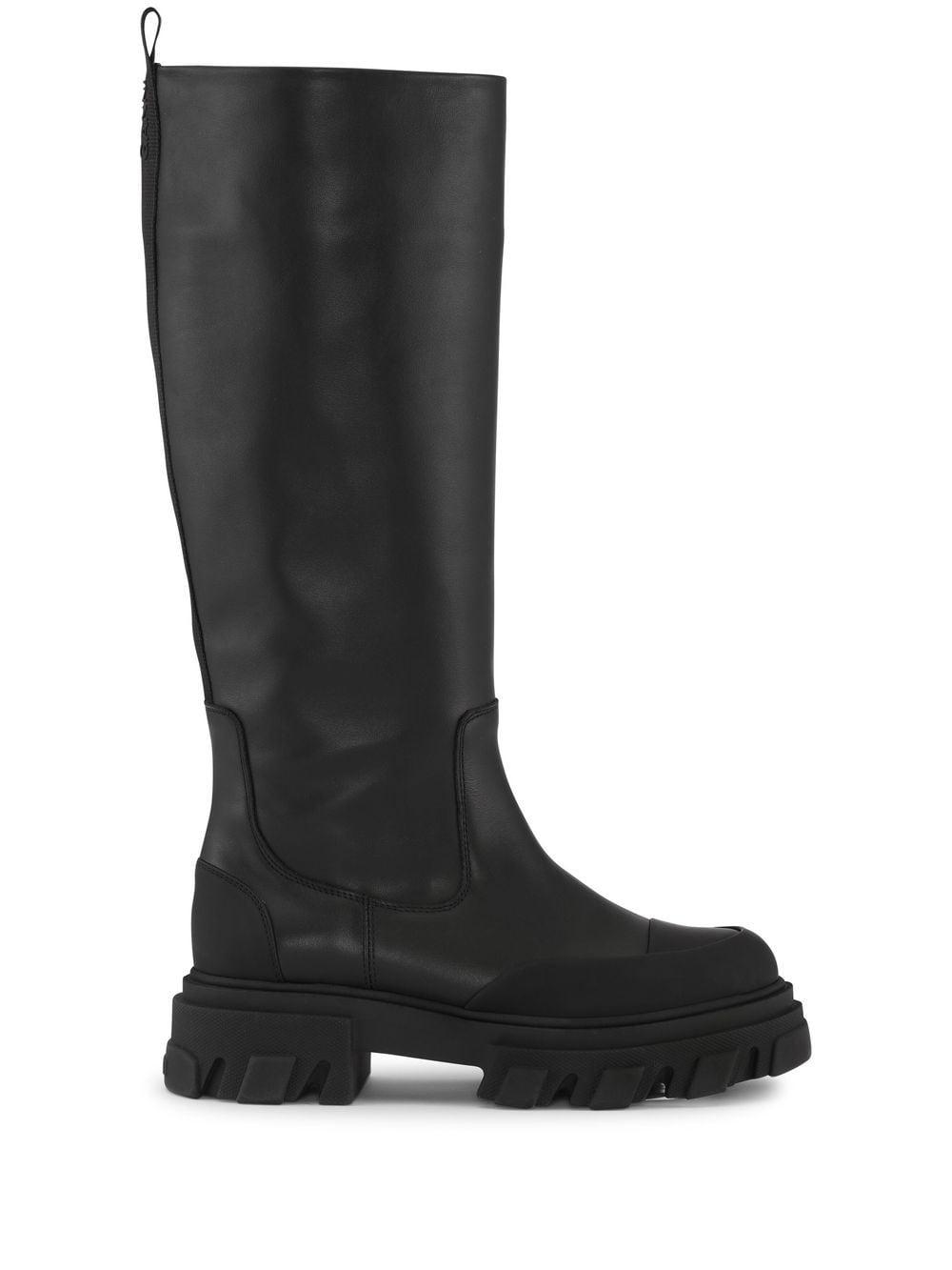 Ganni Leather Cleated Tubular Knee Boots in Black | Lyst
