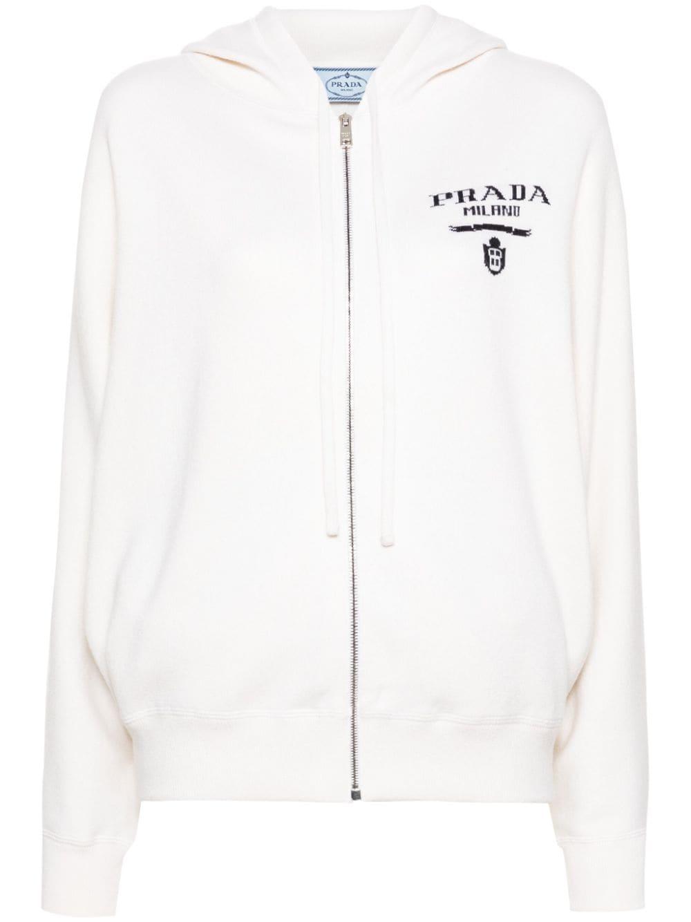 Prada Logo Intarsia Zip Up Hoodie in White Lyst UK