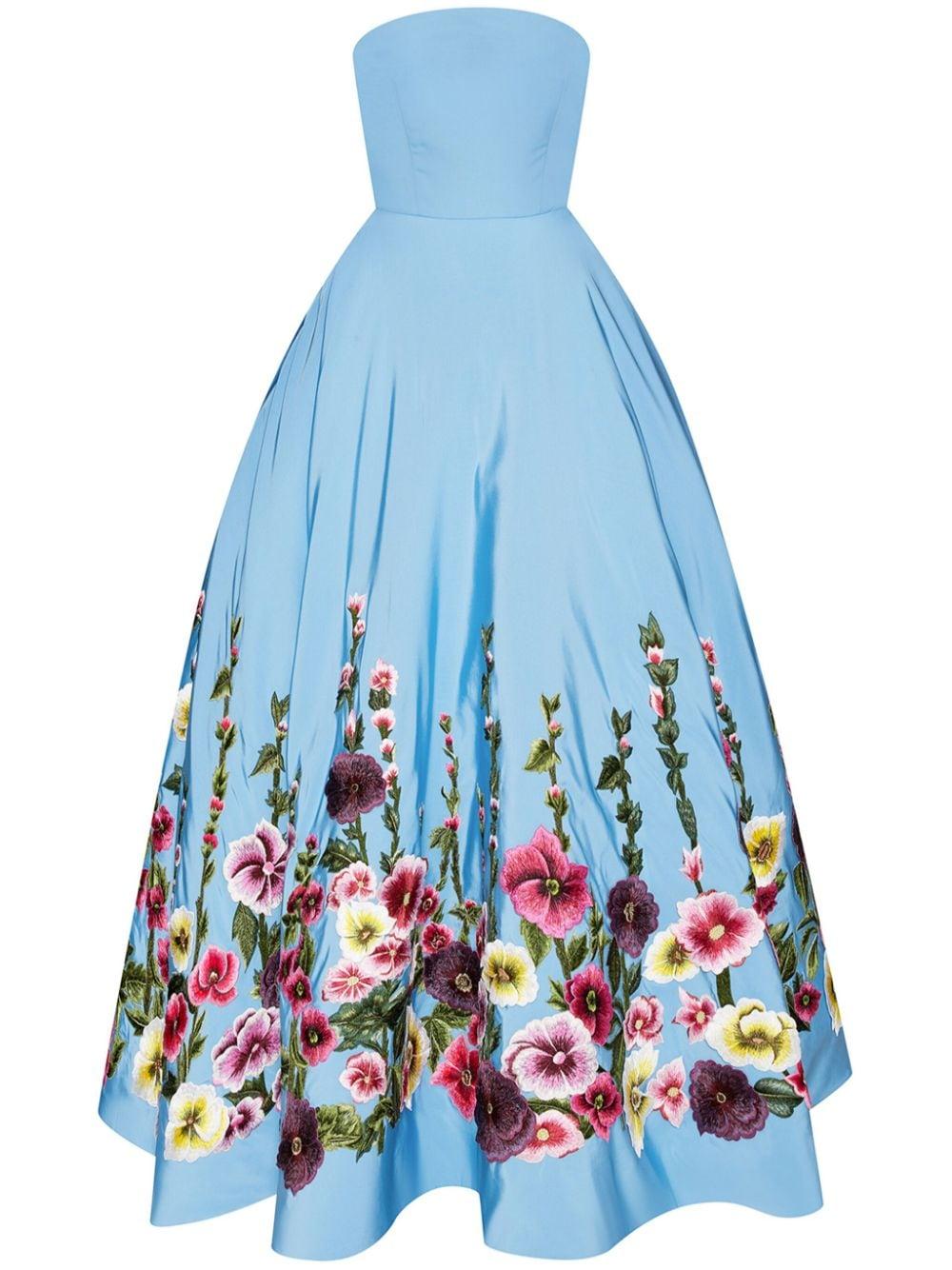 Oscar de la Renta Floral-Embroidery Strapless Dress in Blue Lyst UK