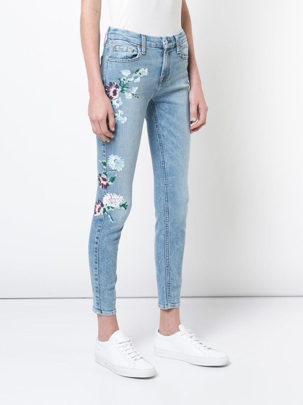 7 For All Mankind Denim Hand-painted Floral Print Skinny Jeans in Blue ...
