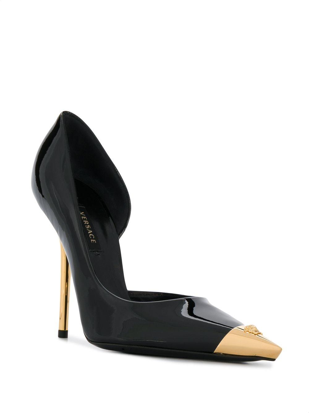 Versace Gold Medusa Black Pointed Gold-Tone Heeled Pumps at 1stDibs | versace  black and gold heels, versace gold heels, gold versace heels