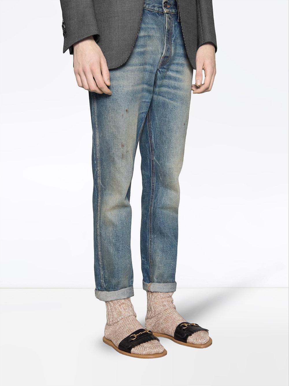gucci fringe leather horsebit slide