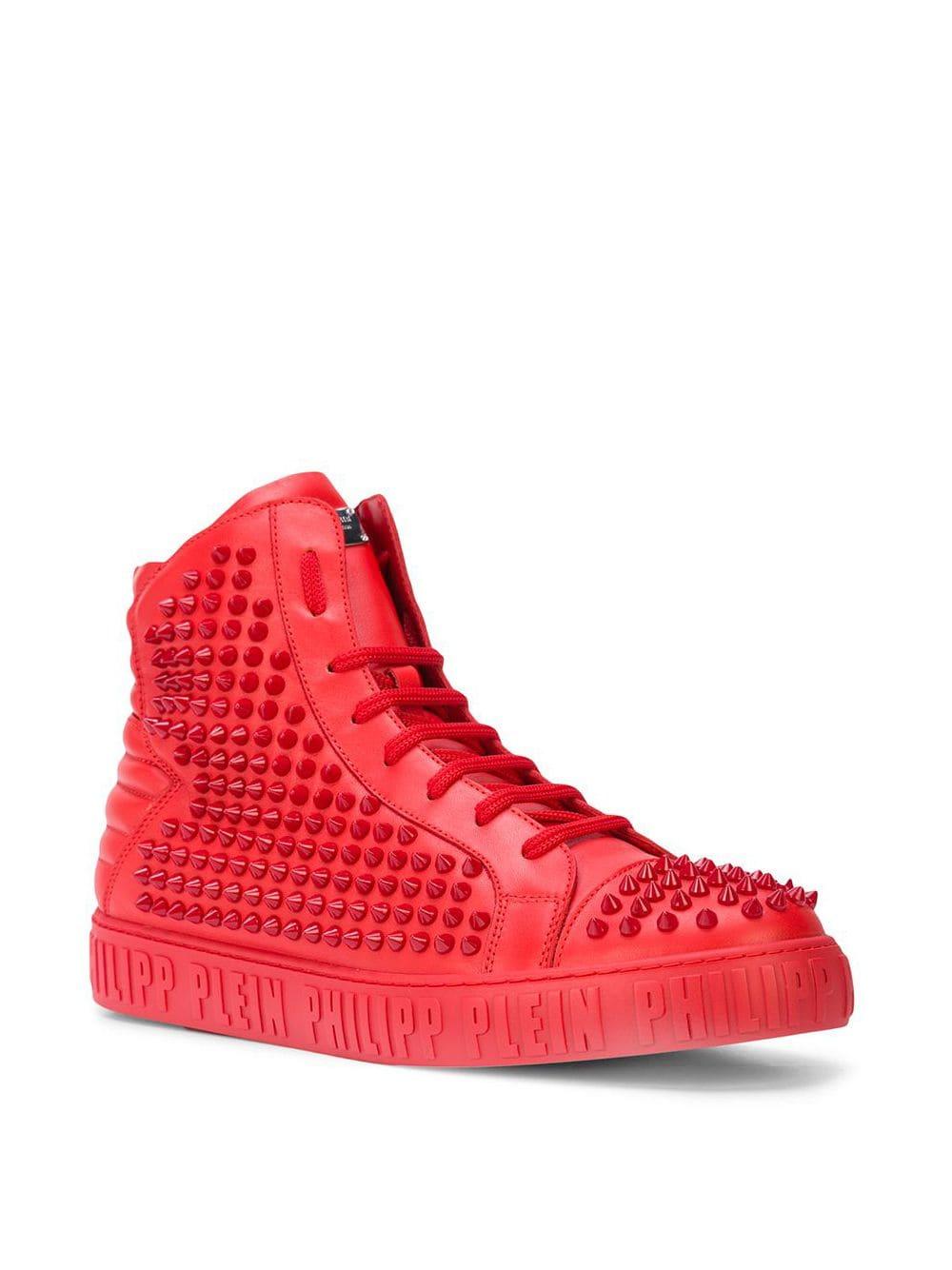 Philipp Plein Leather Studded Hi-top Sneakers in Red for Men - Lyst