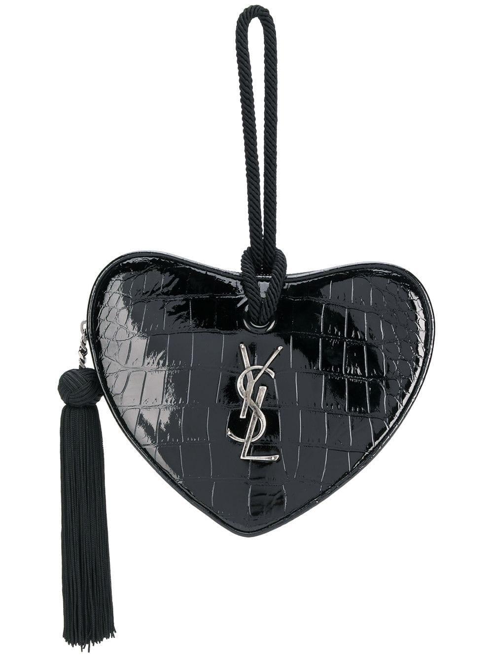 Saint Laurent Black Crocodile-Embossed Patent Sac Coeur Heart-Shaped Clutch  in 2023