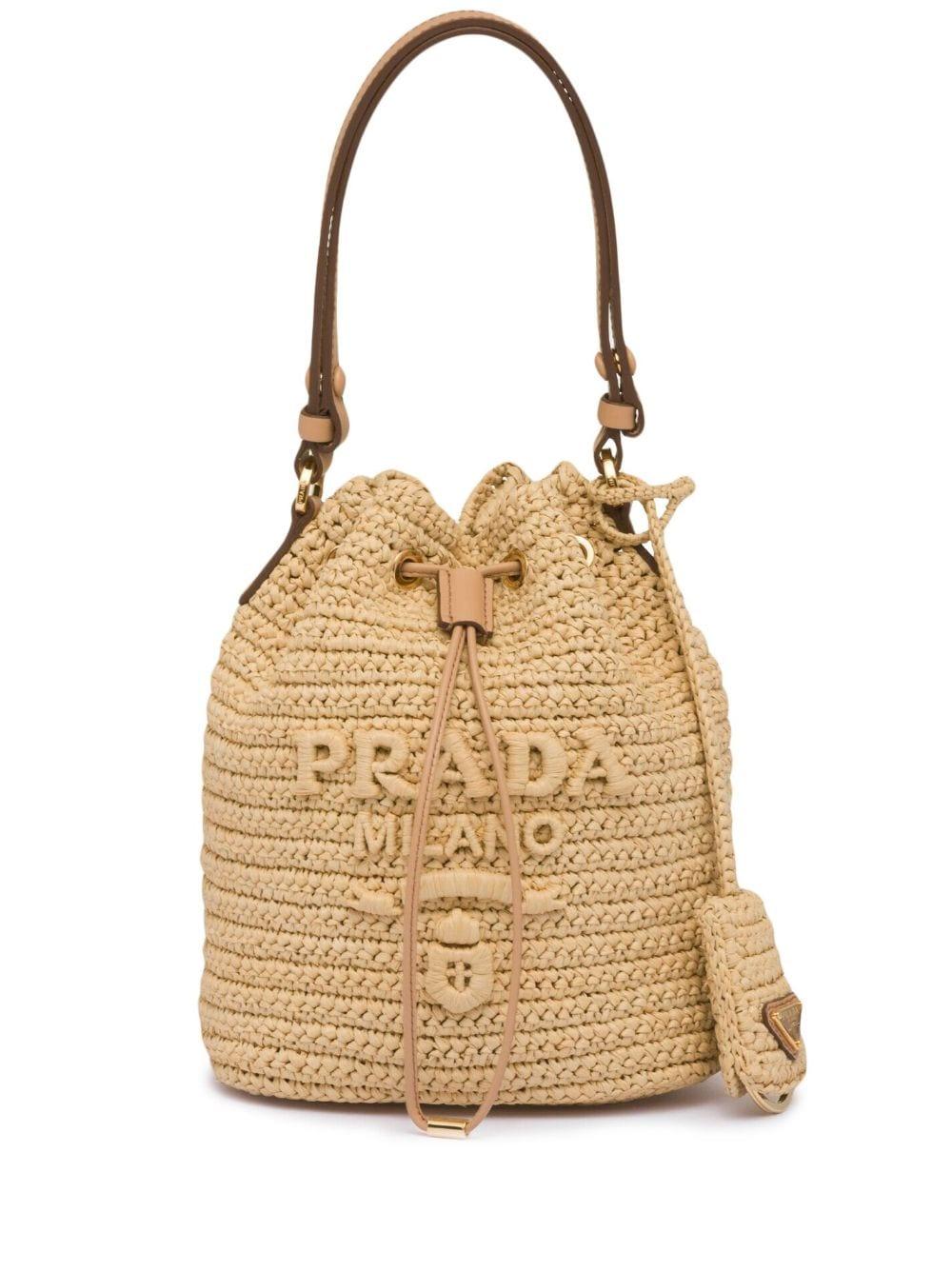 Prada Mini Logo-embroidered Raffia Bucket Bag in Natural | Lyst