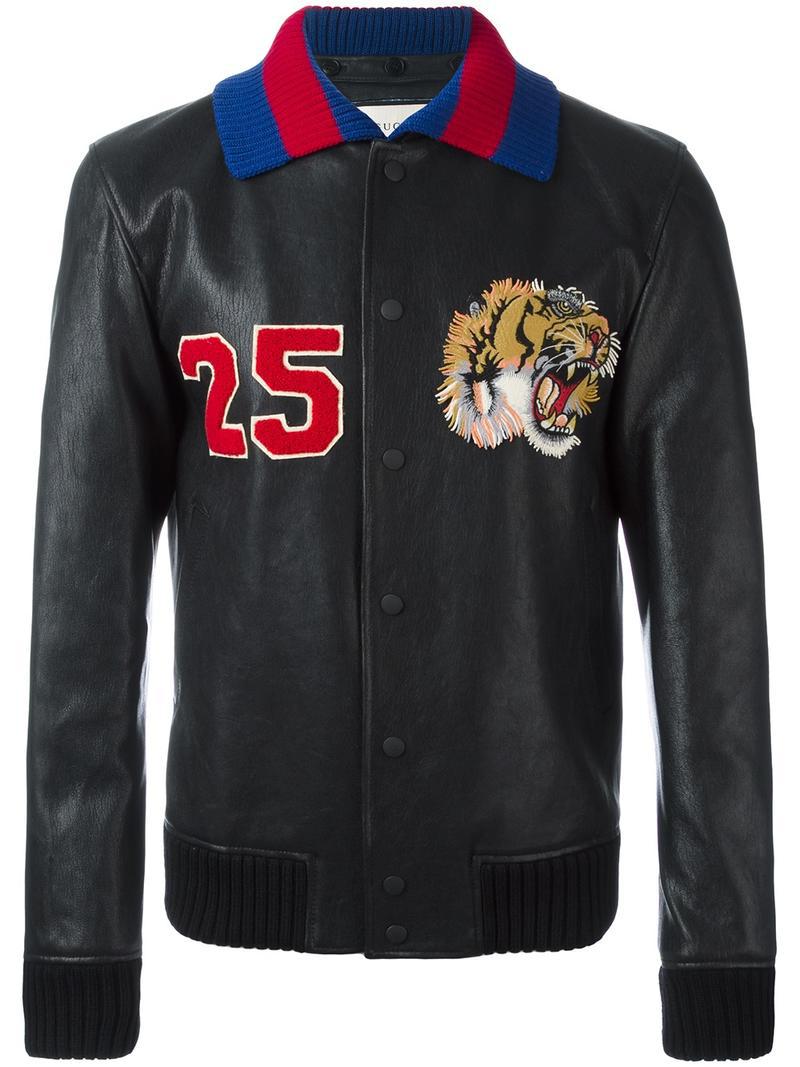 foretrække med hensyn til Modtagelig for Gucci Leather Tiger Embroidered Bomber Jacket in Black for Men - Lyst