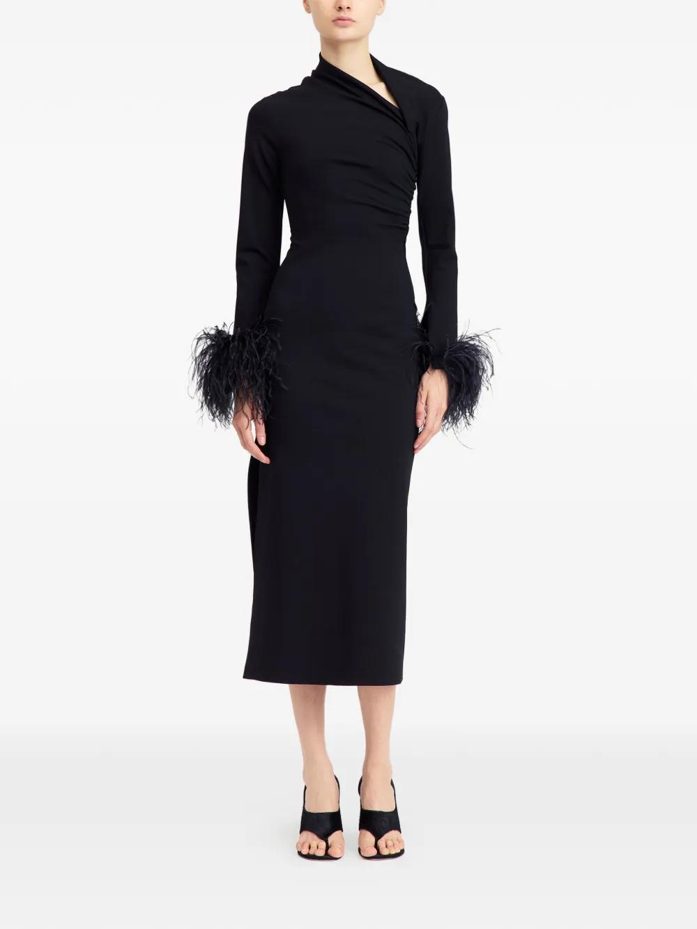 16Arlington Yola Feather-Trim Midi Dress in Black