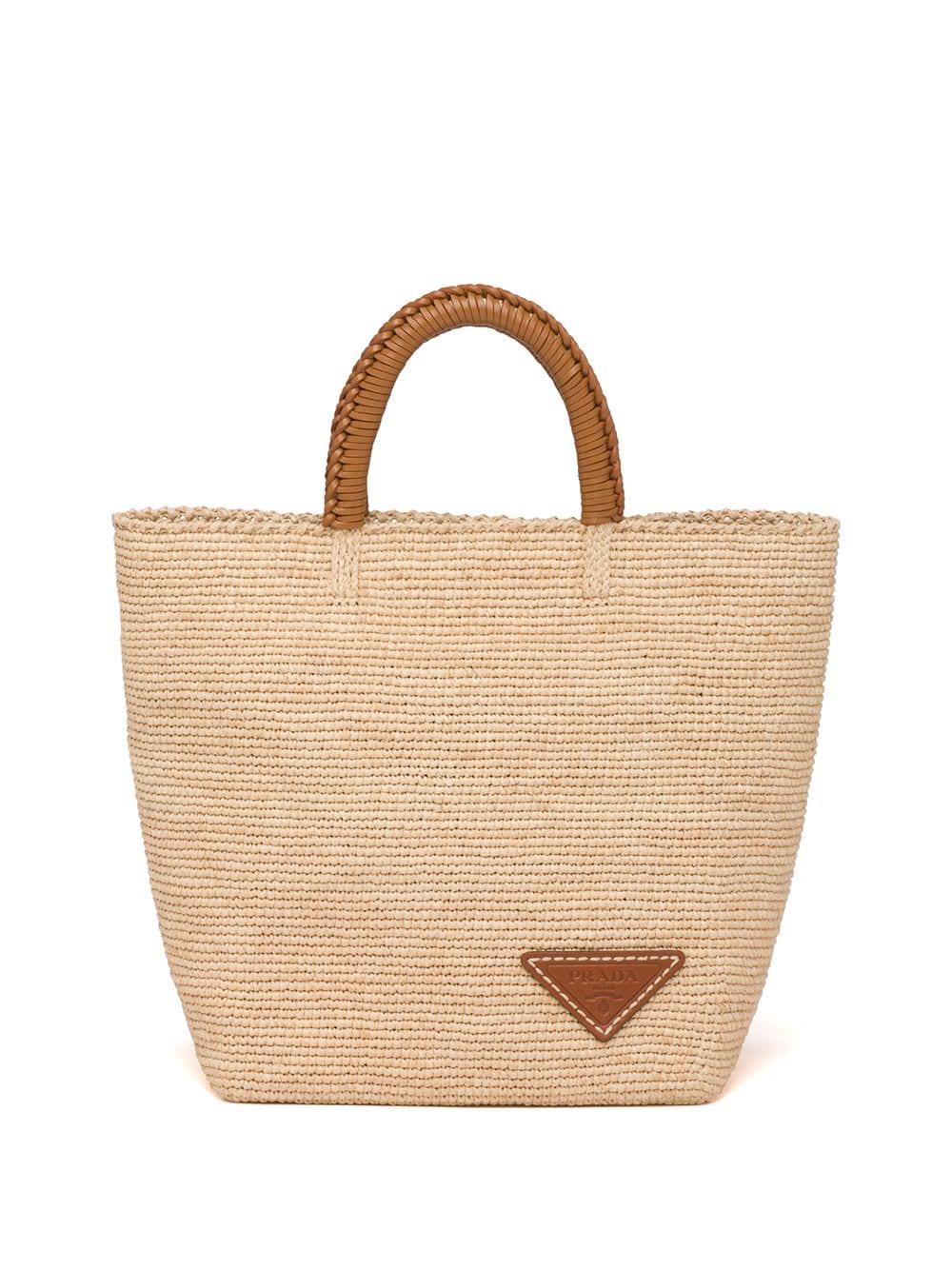 Prada Leather Raffia Tote Bag in Natural - Lyst