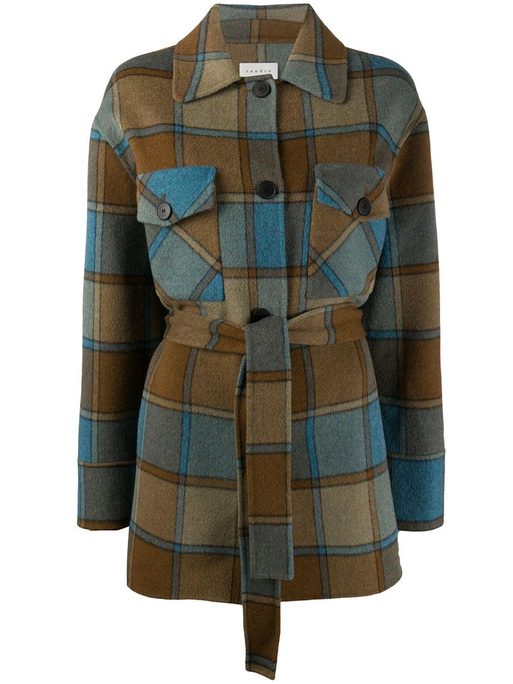 Sandro Belted Check Coat in Brown | Lyst
