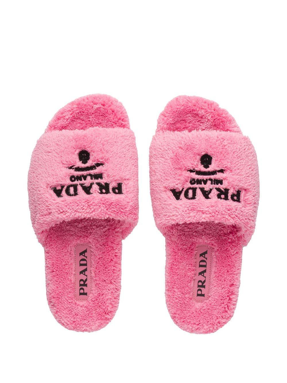 Prada Logo-embroidered Terry Cloth Slides in Pink | Lyst
