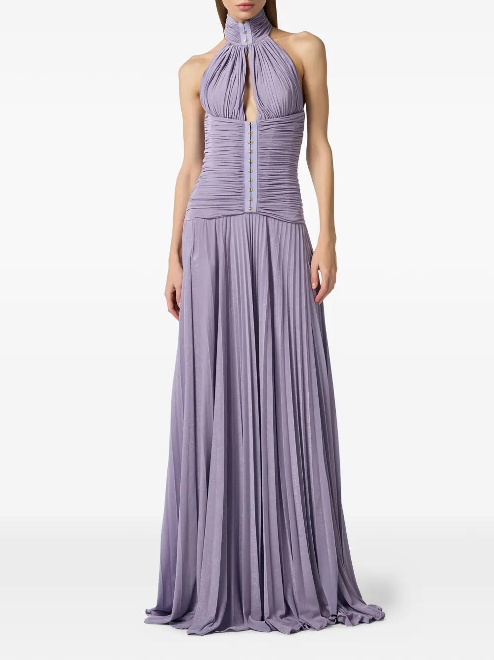 Elisabetta Franchi Halterneck Pleated Maxi Dress in Purple | Lyst