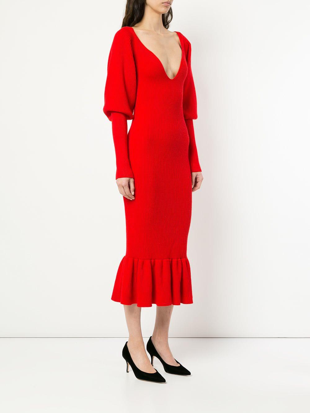 Khaite Cashmere Ina Ruffled Ribbed Wool Midi Dress in Crimson (Red) - Lyst