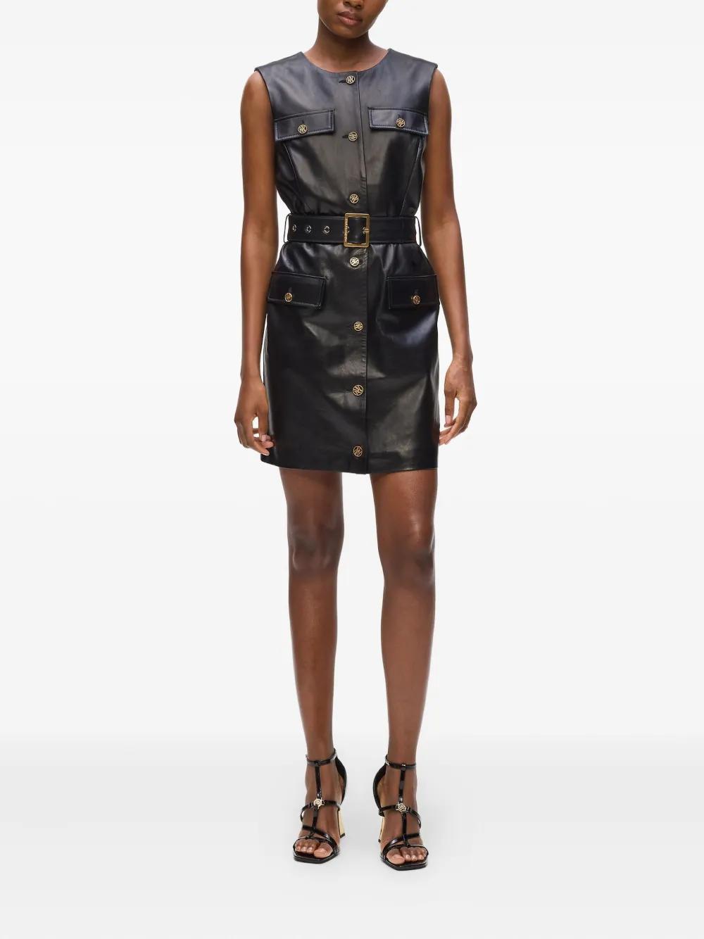 KARL LAGERFELD Belted Button-Fastening Leather Dress in Black