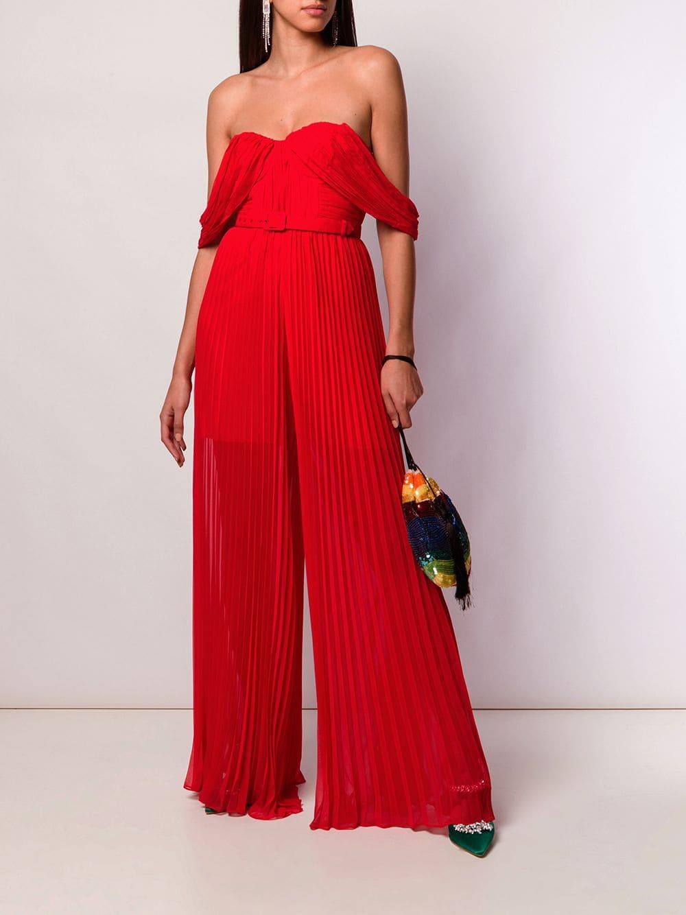 Self-Portrait Pleated Jumpsuit in Red - Lyst