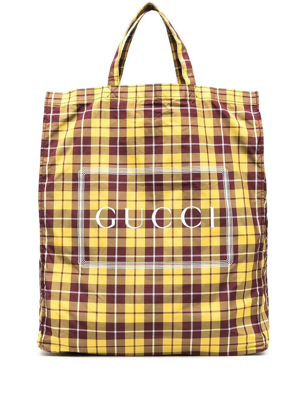 Gucci Check-pattern Logo-print Tote Bag in Yellow | Lyst