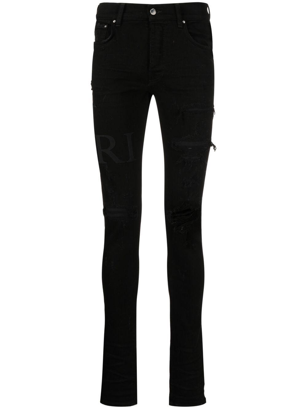 Amiri Serif Logo Distressed Skinny Jeans in Black for Men | Lyst