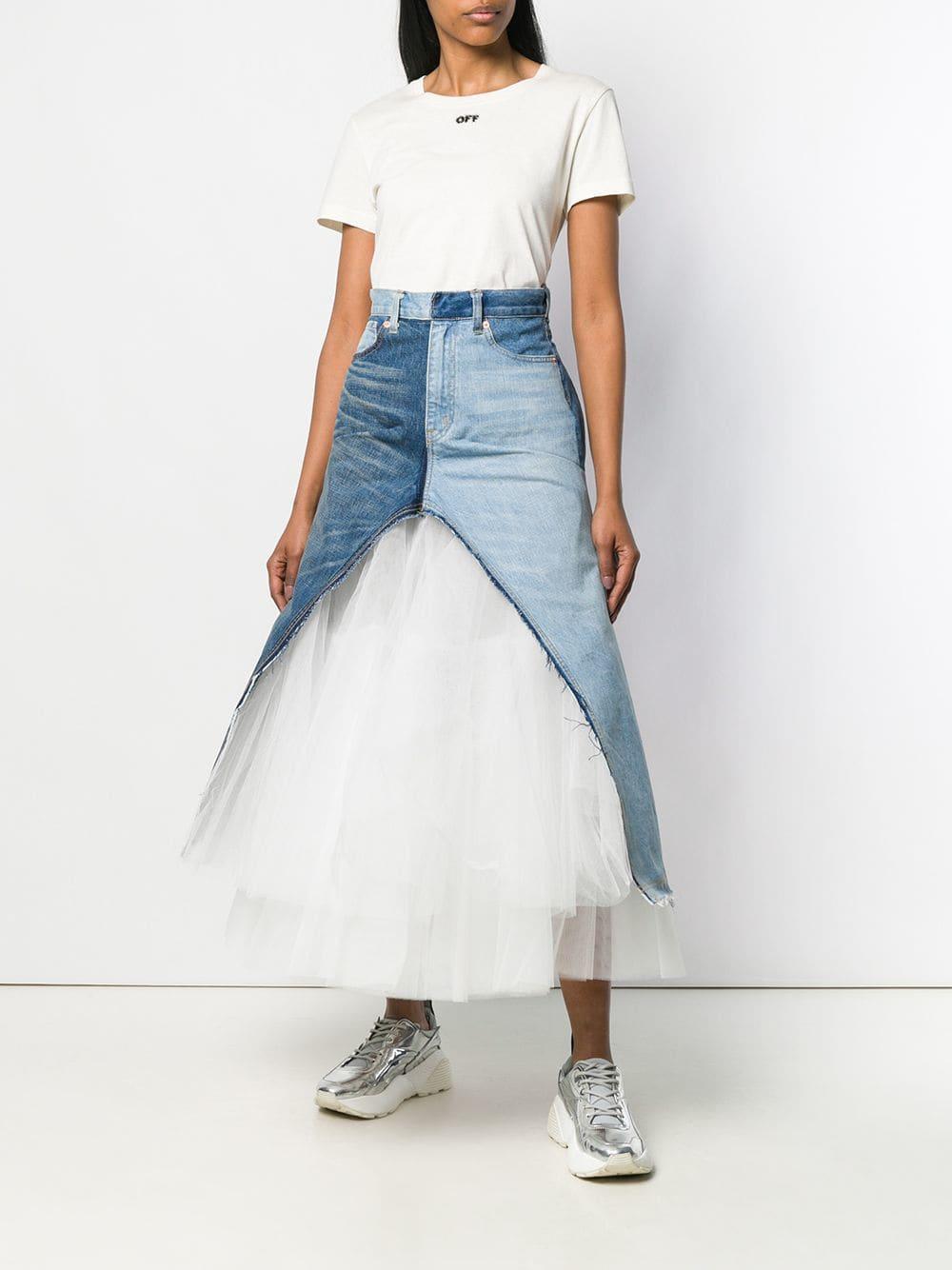 Junya Watanabe Paneled Denim And Tulle Maxi Skirt in Blue | Lyst