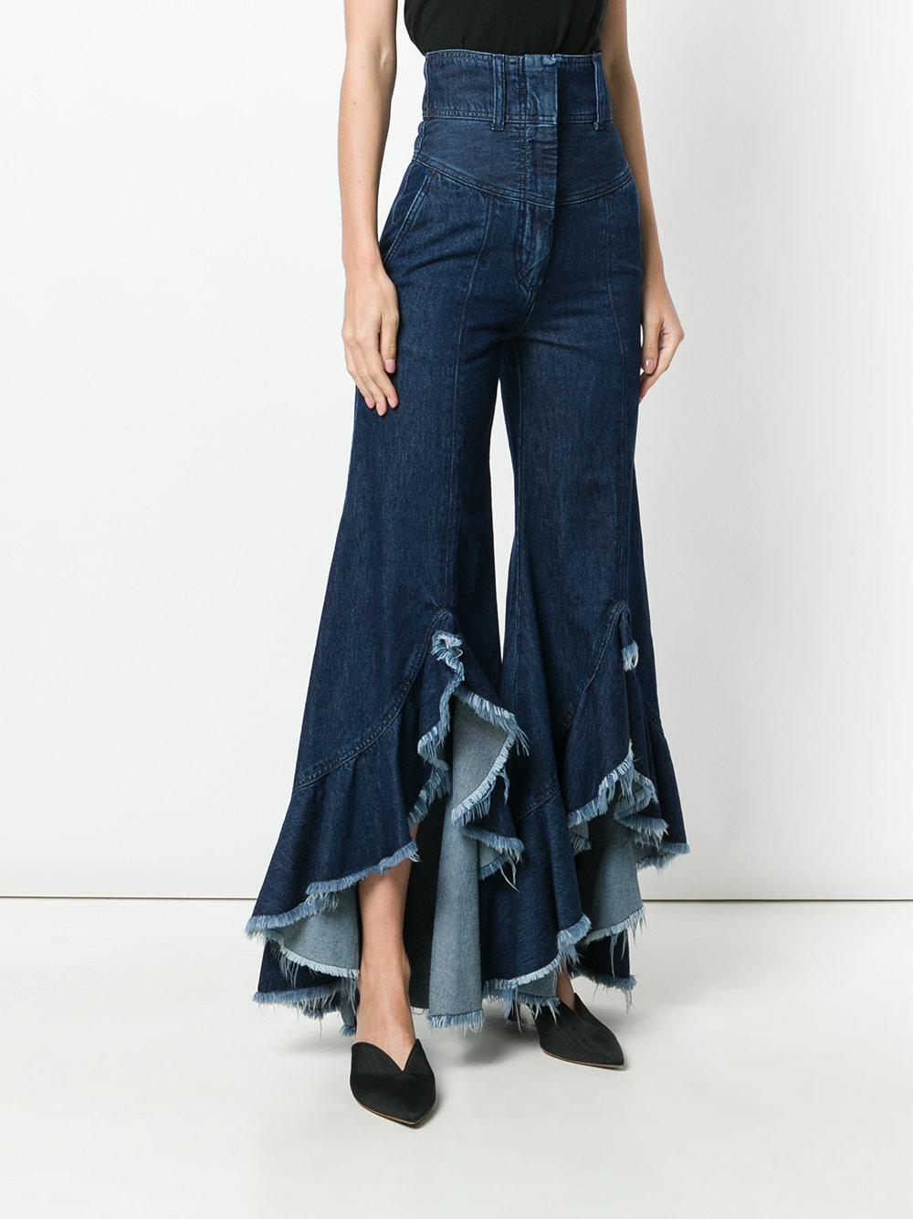 Sara Battaglia Denim Flared Ruffle Hem 
