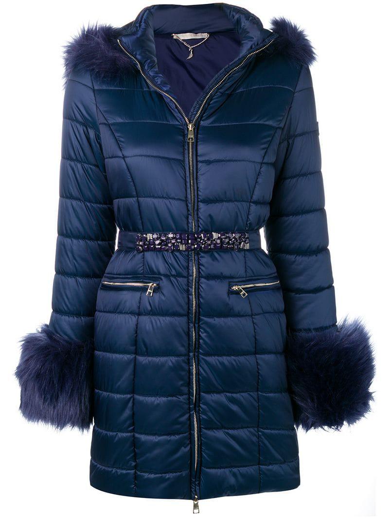 Liu Jo Synthetic Faux Fur Trimmed Padded Jacket in Blue | Lyst