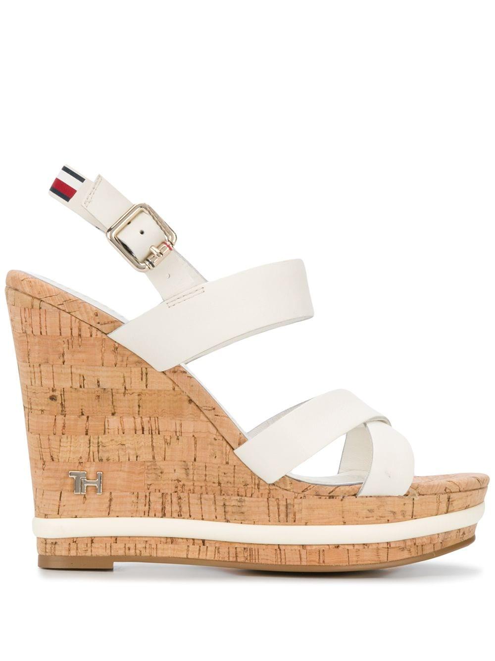 Tommy Hilfiger Leather Strappy Wedge Heel Sandals in White - Lyst