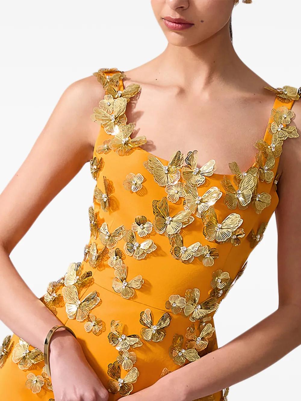 orange dress with gold butterflies Carolina Herrera Crystal Butterfly Scoop-Neck Mini in global-season-AW25
