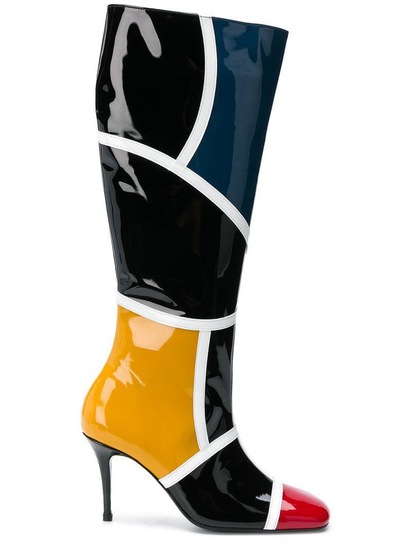 Dorateymur Leather Colour Block Knee High Boots in Black