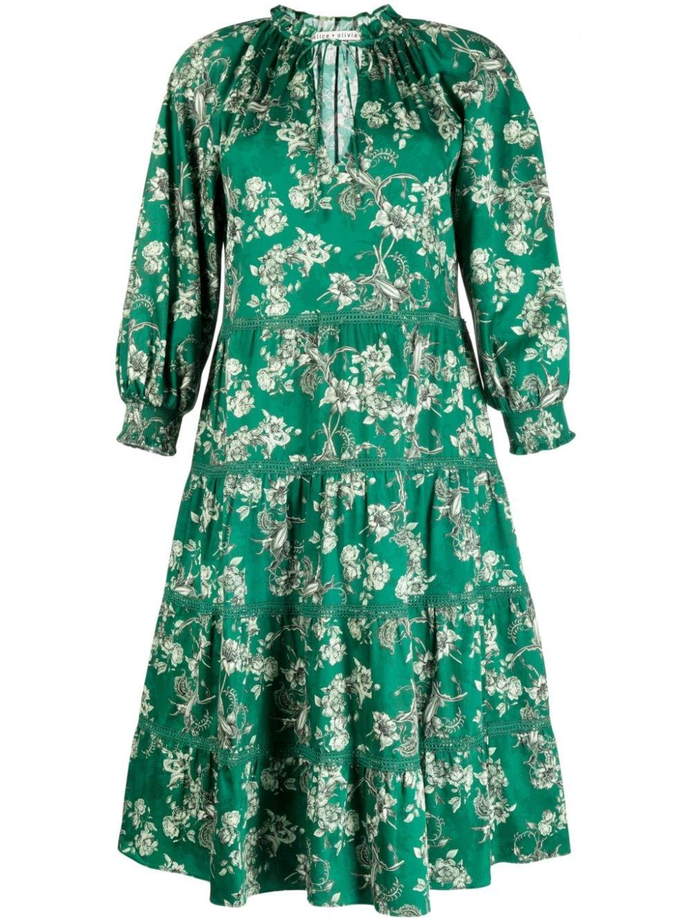 Alice + Olivia Layla Floral-print Tiered Dress in Green | Lyst