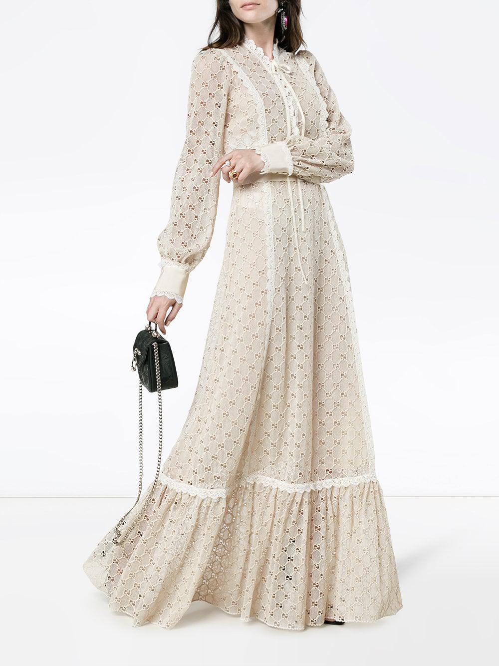 Gucci Macram Logo Lace-trimmed Gown in Natural | Lyst Gucci Macram Logo Lace-trimmed Gown in Natural | Lyst