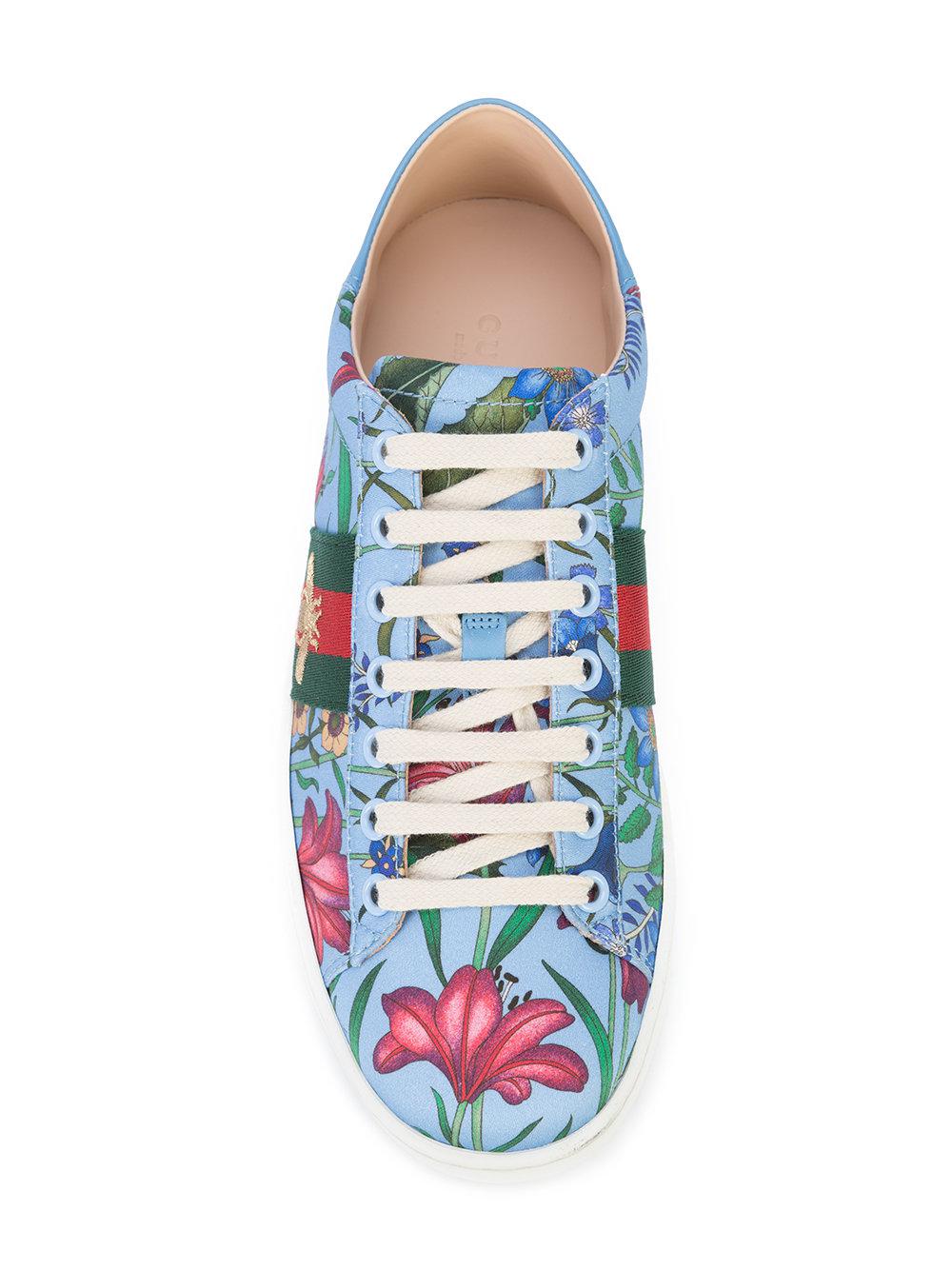 Gucci Leather Ace New Floral Print Sneakers in Blue - Lyst
