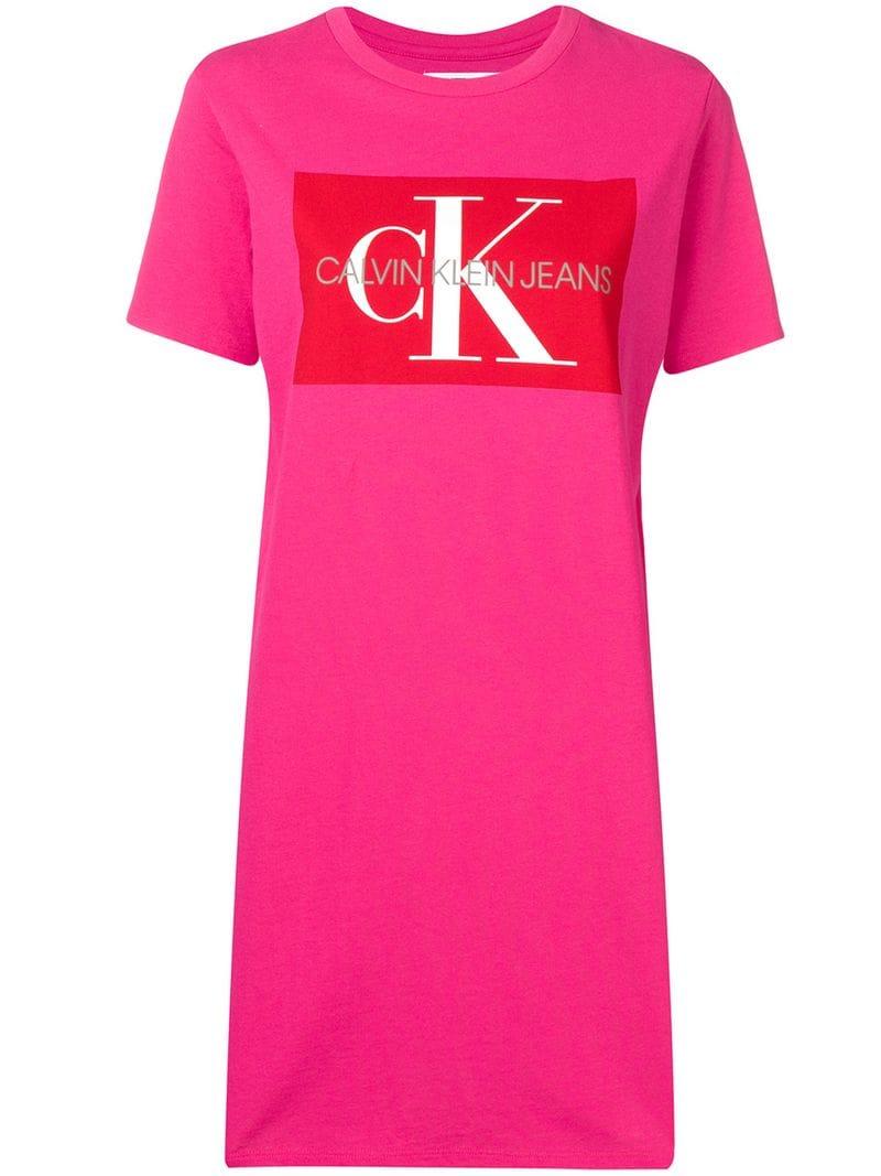 Calvin Klein Logo Print T-shirt Dress in Pink |