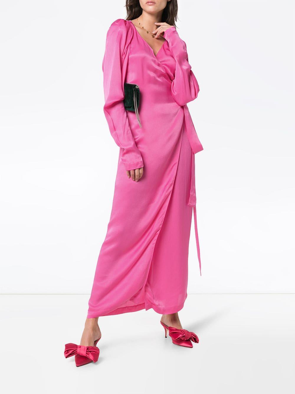 V-neck Silk Maxi Wrap Dress in Pink 
