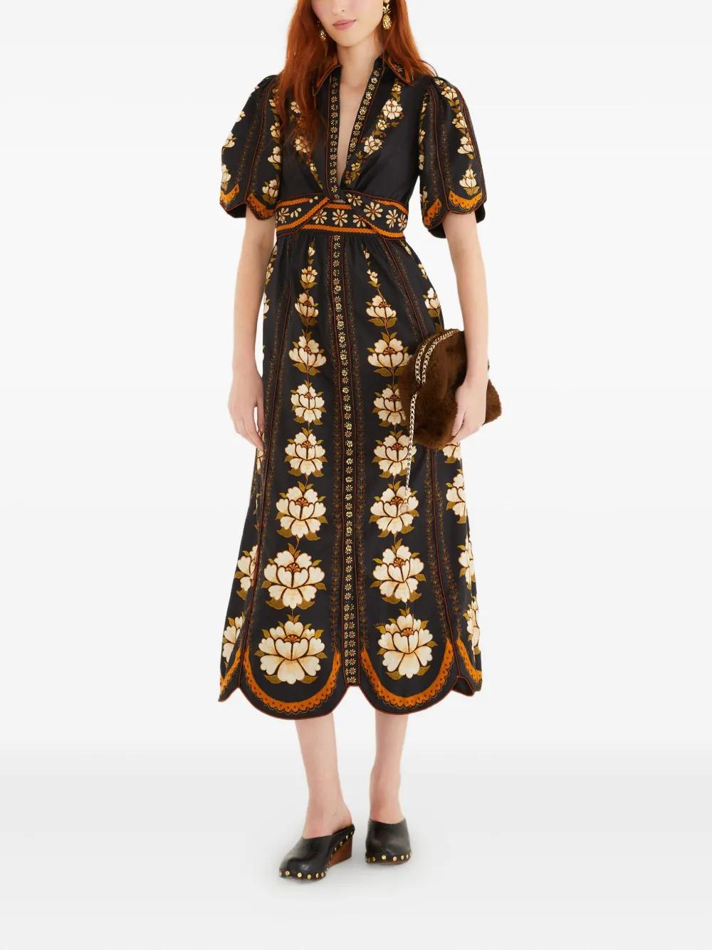 farm rio embroidered flowers dress FARM Rio Embroidered Flowers Midi Dress in Black
