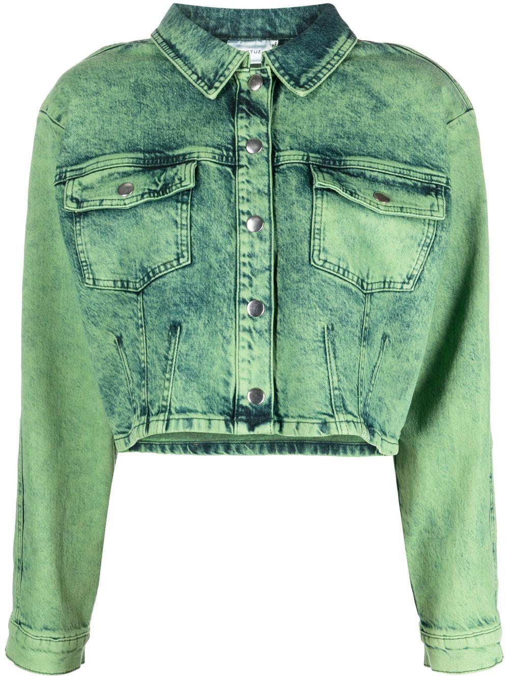 Gestuz Acid Wash Cropped Denim Jacket in Green | Lyst