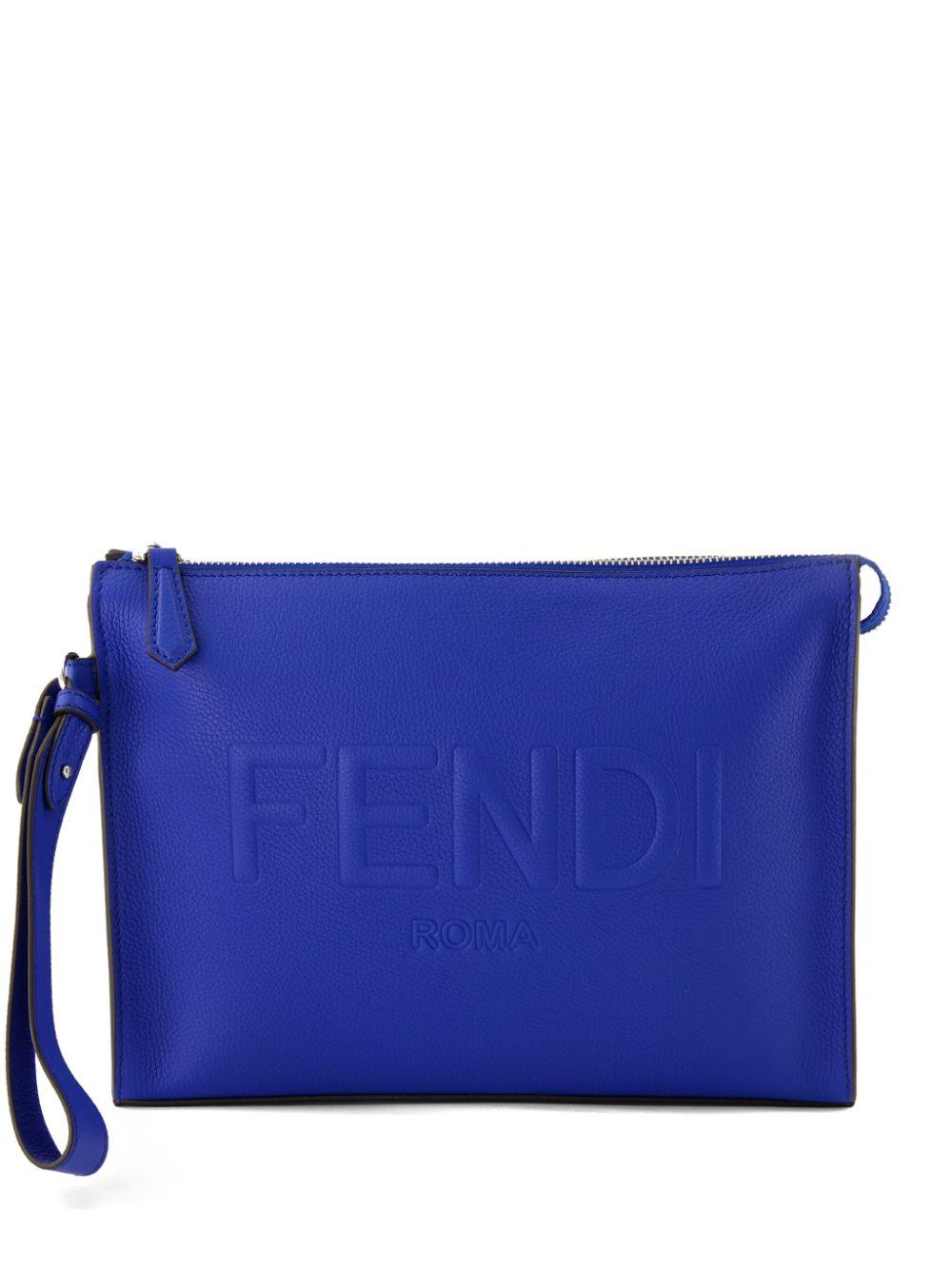 Fendi メンズ ブルー ロゴエンボス クラッチバッグ ポーチ & リストレット