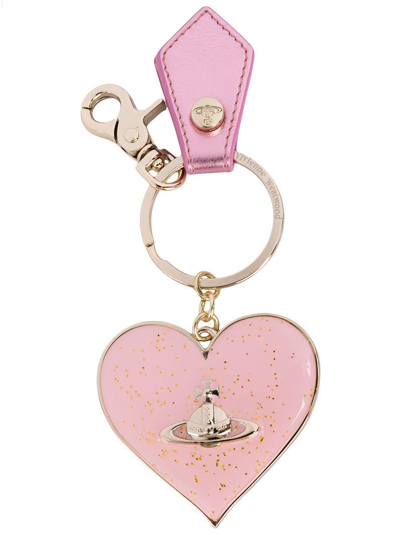 Vivienne Westwood Leather Glitter Heart Mirror Keyring in Pink & Purple