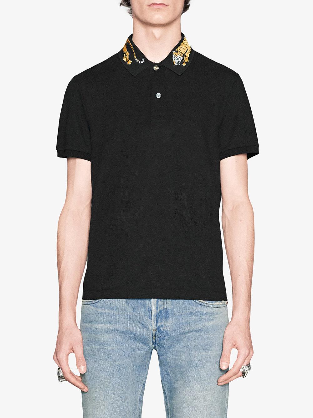 Gucci Cotton Polo With Tiger Embroidery in Black for Men | Lyst