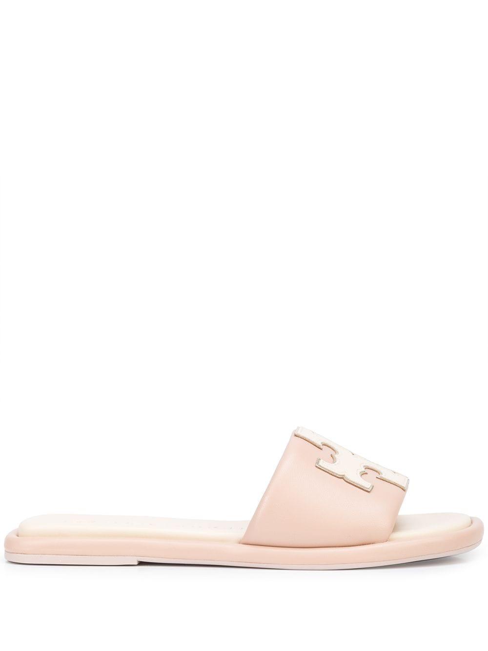 Tory Burch Double T Leather Slides in Pink | Lyst