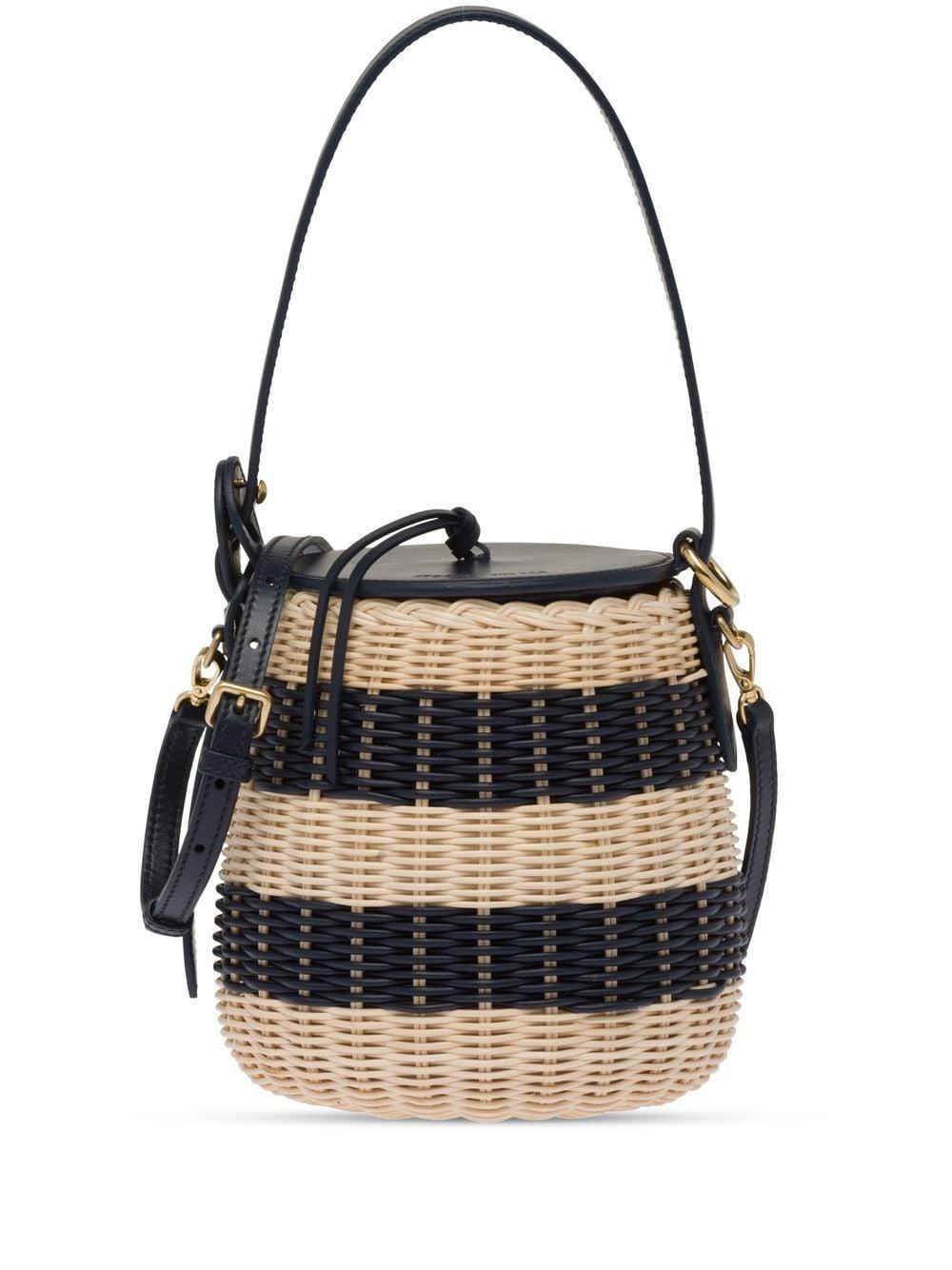 Miu Miu Striped Woven-wicker Bucket Bag in Black | Lyst