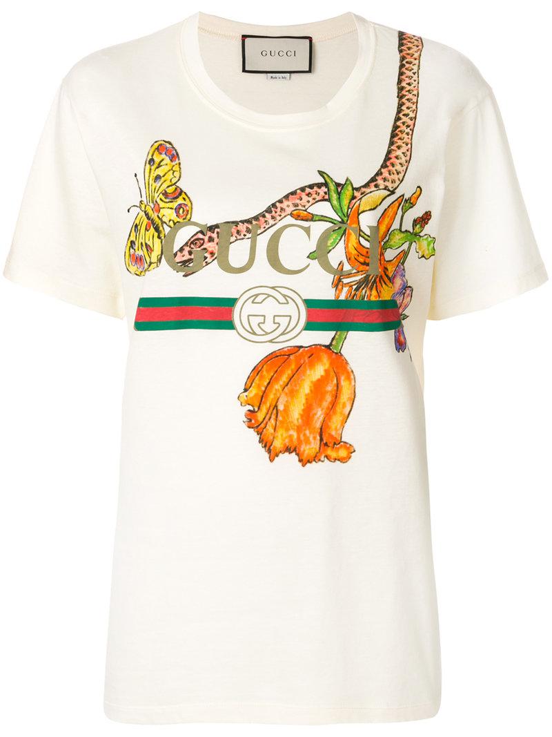 Gucci Logo T-shirt With Floral And Snake Print | Lyst