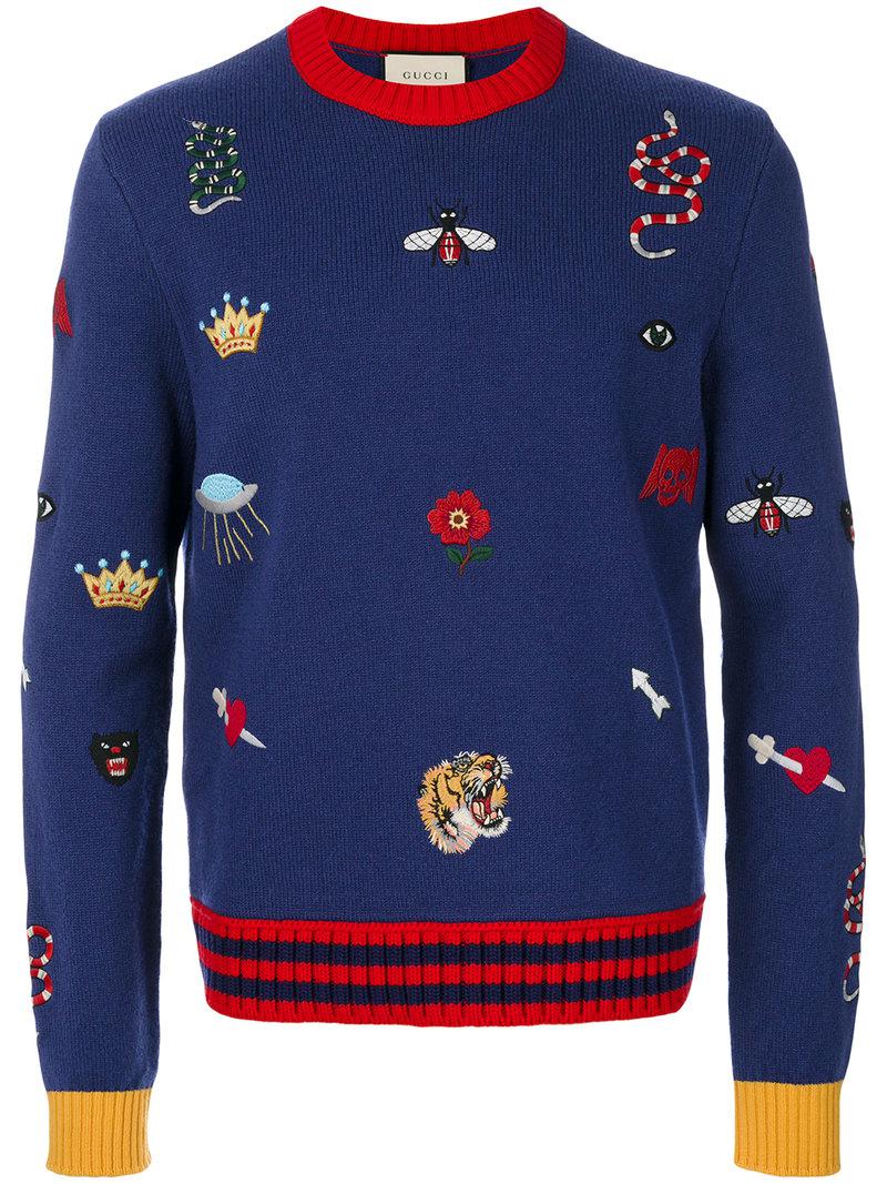 Gucci Wool Navy Embroidered Sweater in 