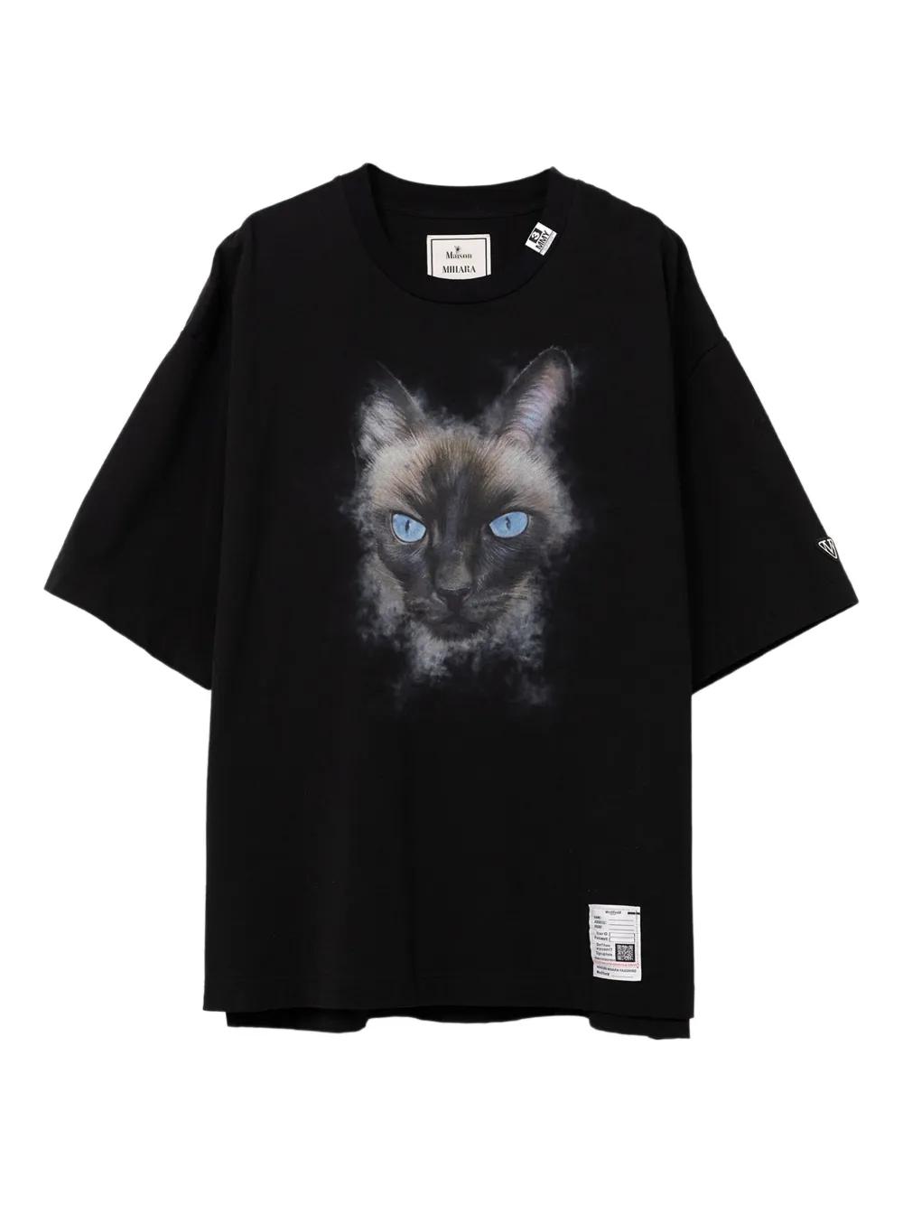 大人のリッチ感【MIHARAYASUHIRO】Cat Printed Crewneck T-shirt Black Bleached Cat Print Long Sleeve T-shirt by Maison