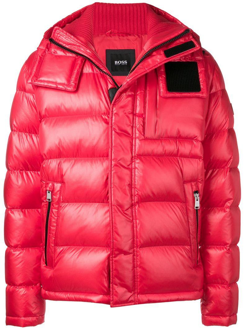 BOSS by HUGO BOSS Synthetic Hooded Puffer Jacket in Red for Men - Lyst