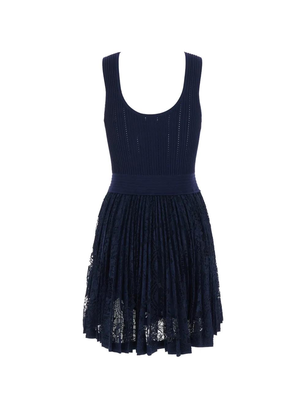 jonathan simkhai blue lace dress JONATHAN SIMKHAI Navy Blue Black Plisse Sheer Lace Trim Cocktail Dress 0 = XS