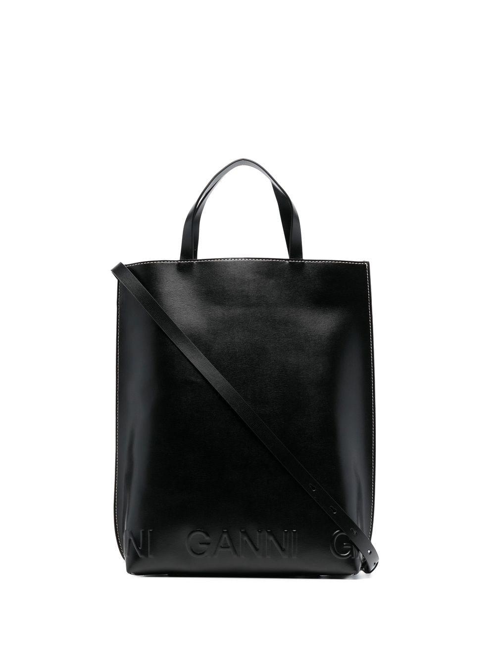 Ganni Leather Debossed-logo Tote Bag in Black | Lyst UK