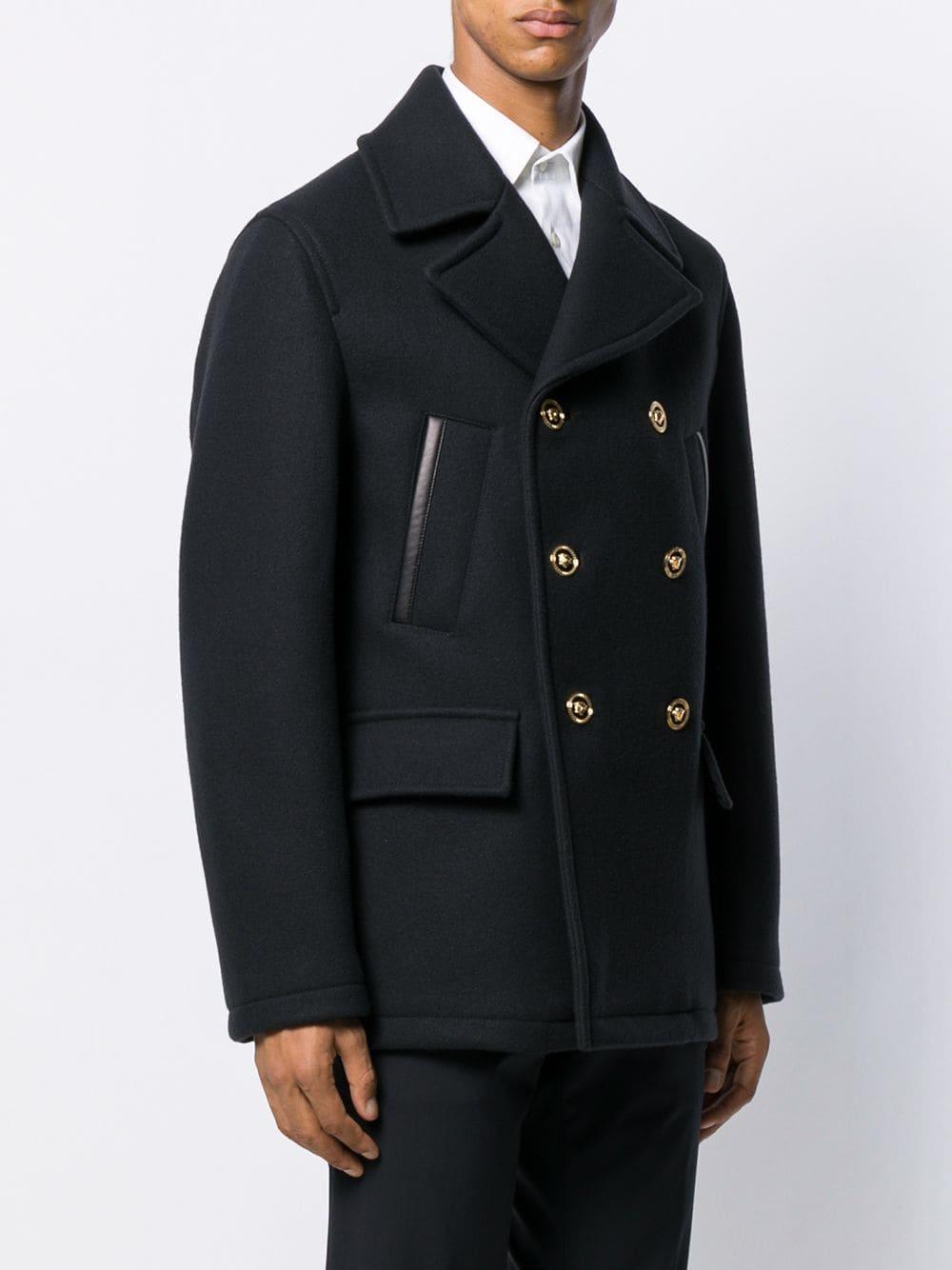 Versace Wool Double Breasted Peacoat in Blue for Men | Lyst