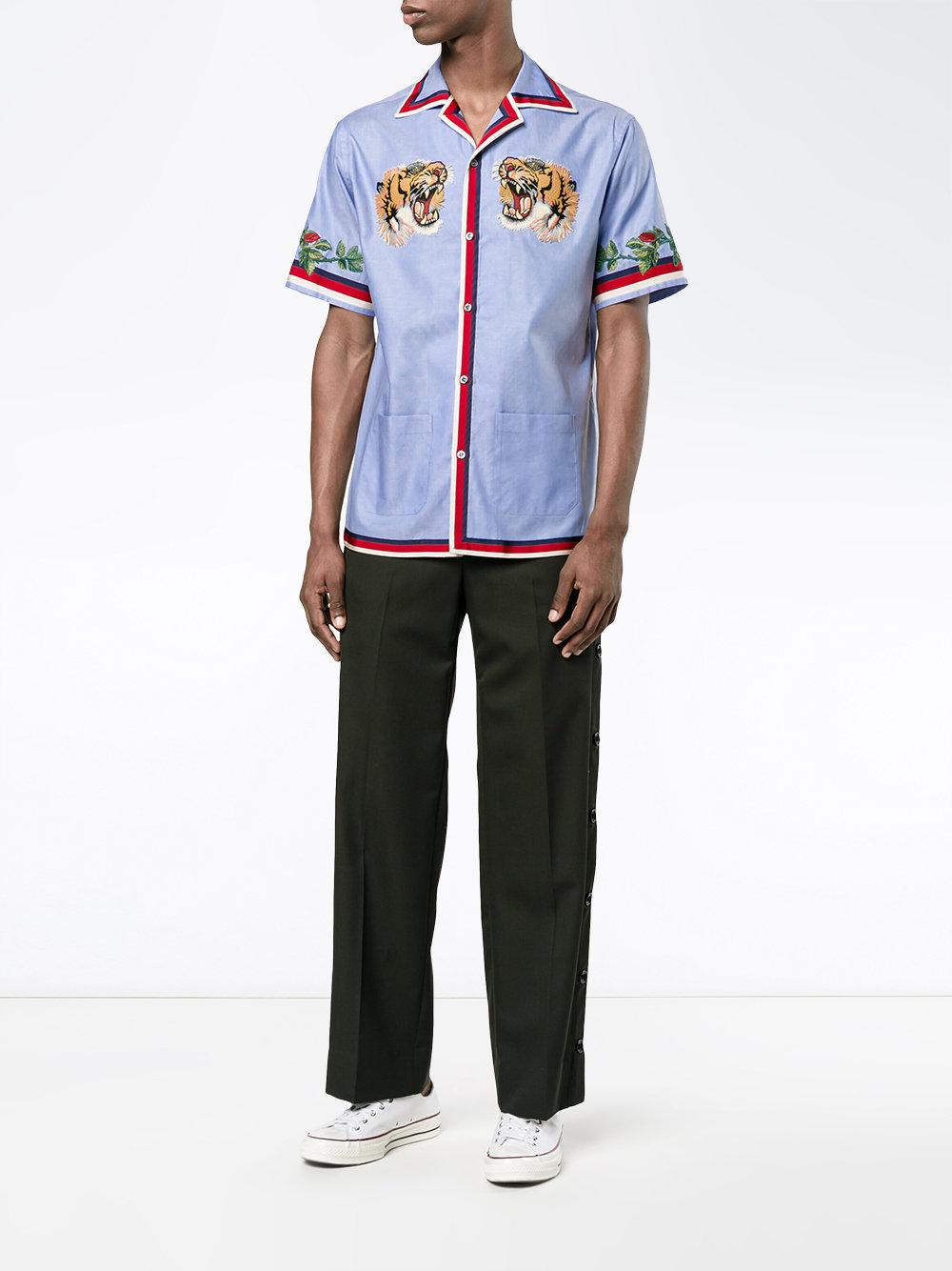 Gucci Tiger Embroidered Bowling Shirt in Blue for Men