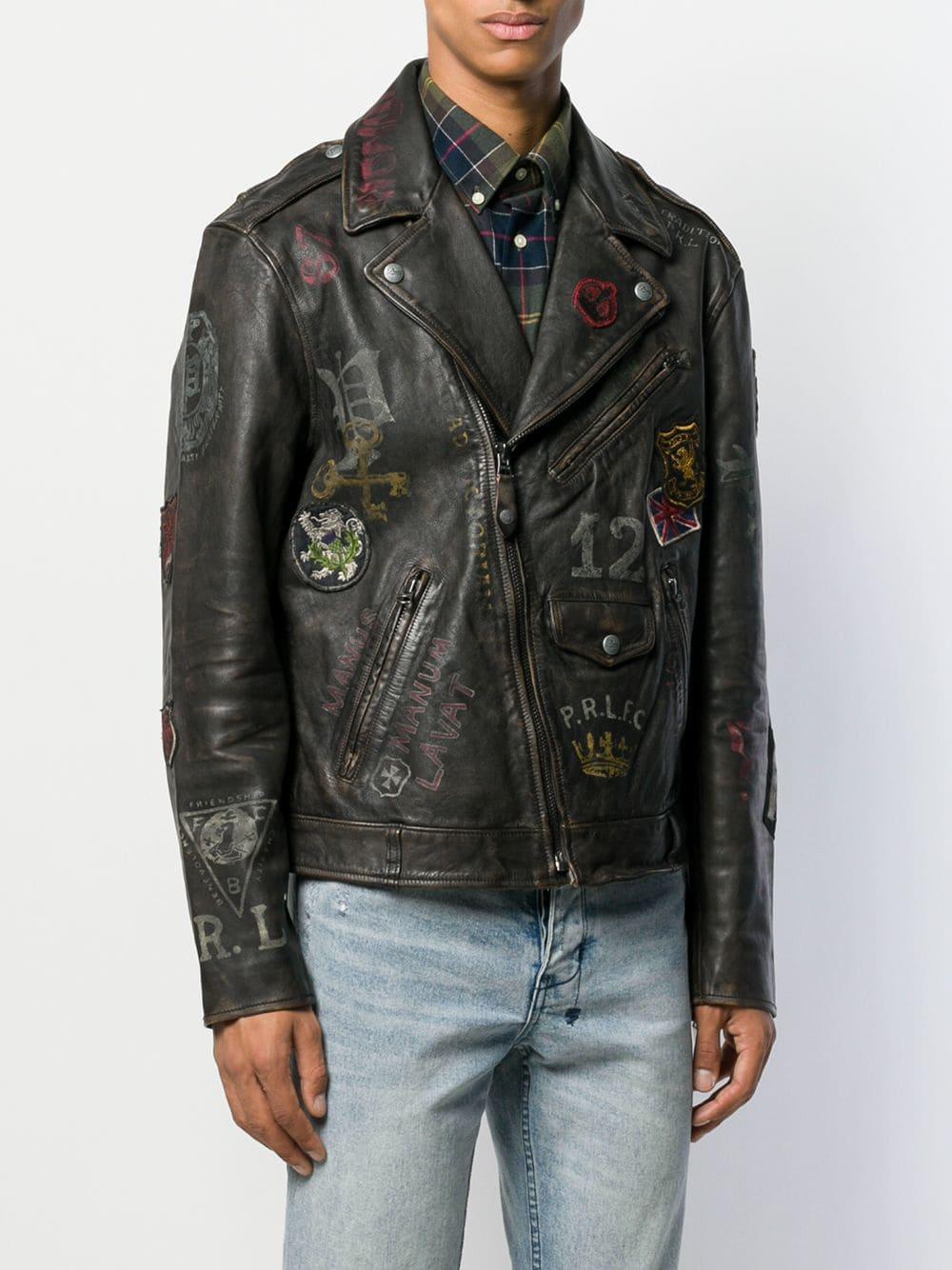 Polo Ralph Lauren Leather Graphic Biker Jacket in Black for Men | Lyst