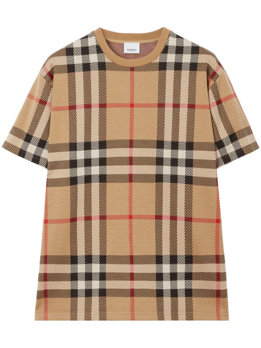 【BURBERRY】Checkered trim short sleeve T-shirt/全国送料込み Burberry Checkered Jacquard Cotton T-Shirt in Natural for